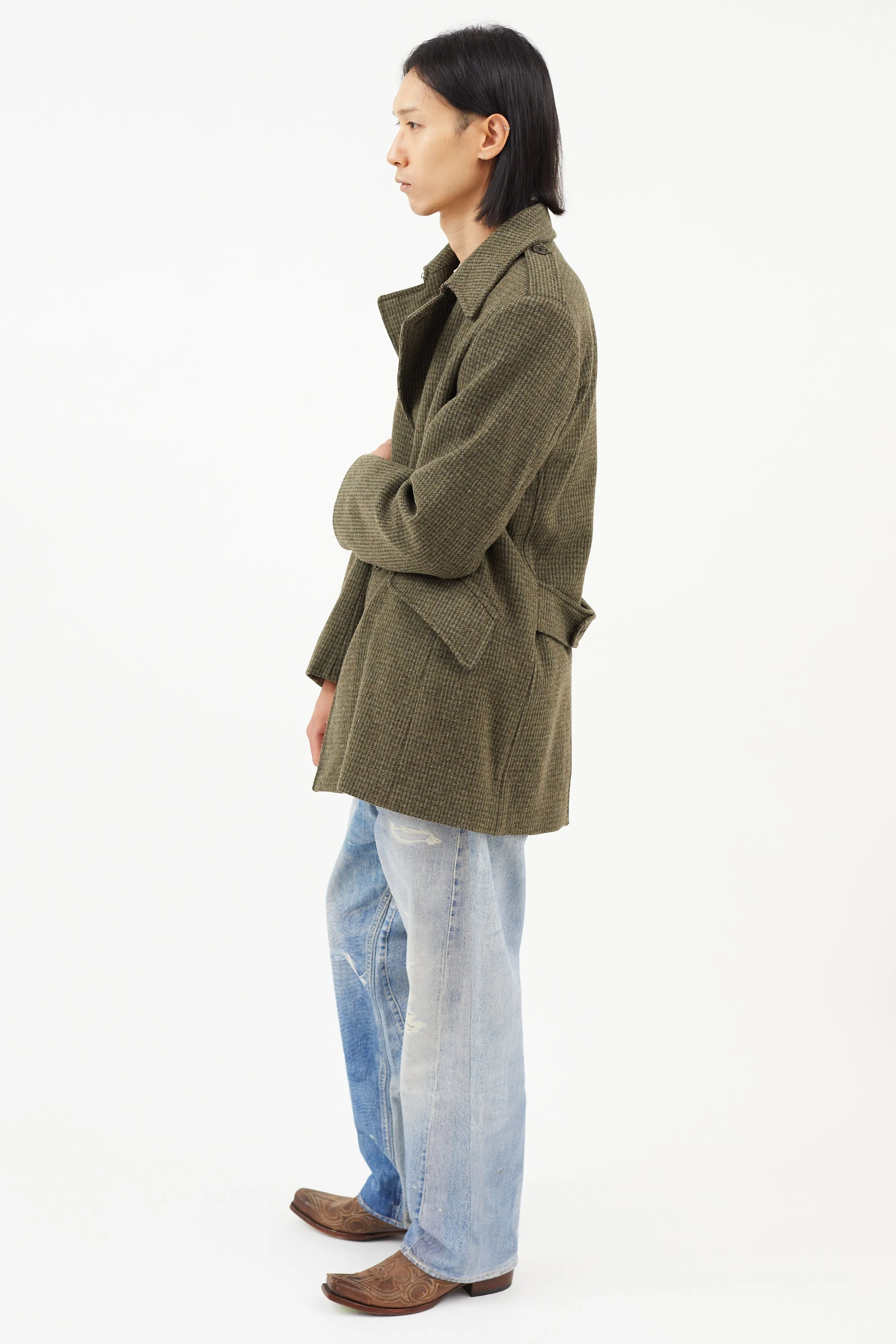 Green Wool Check Trench Coat