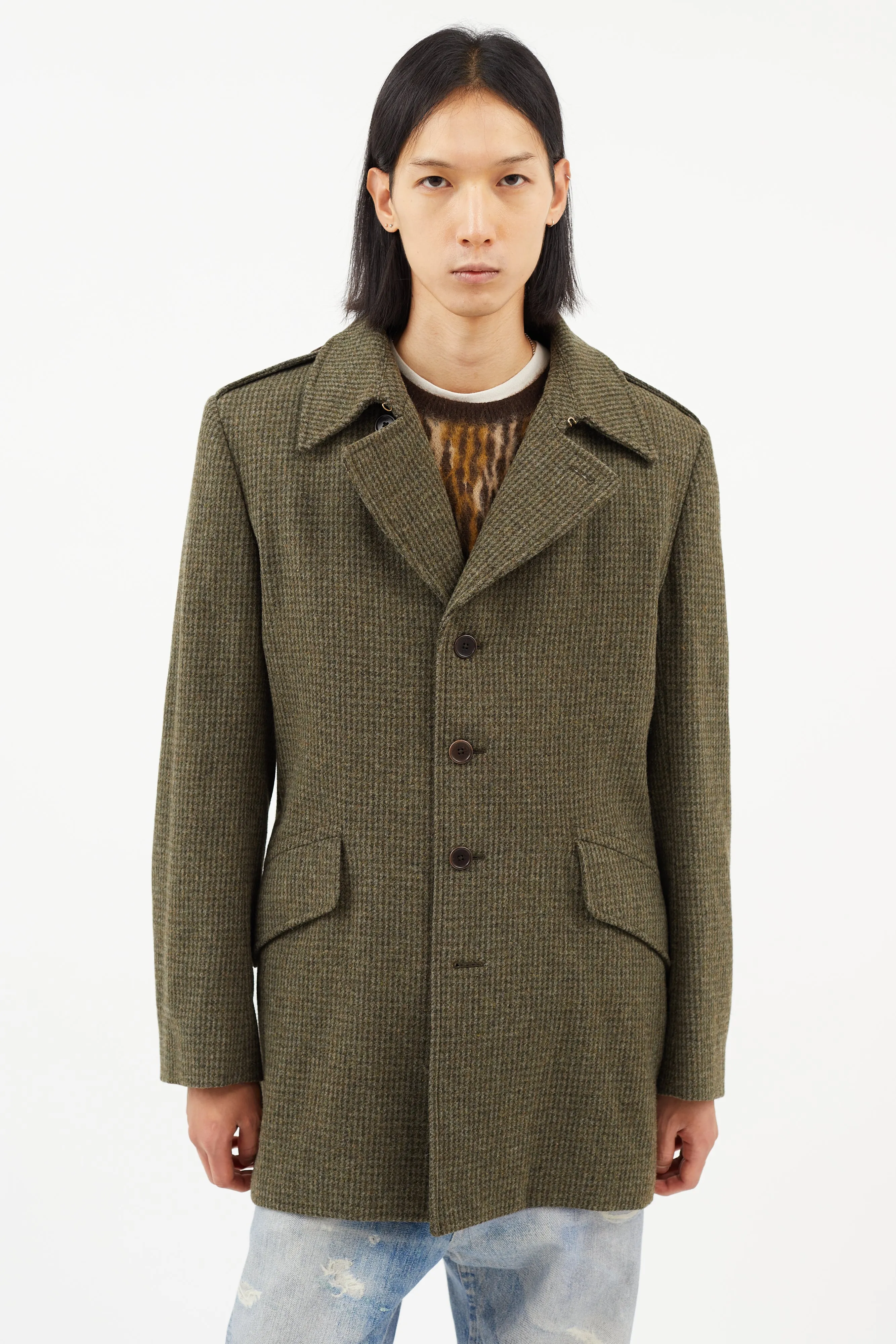 Green Wool Check Trench Coat