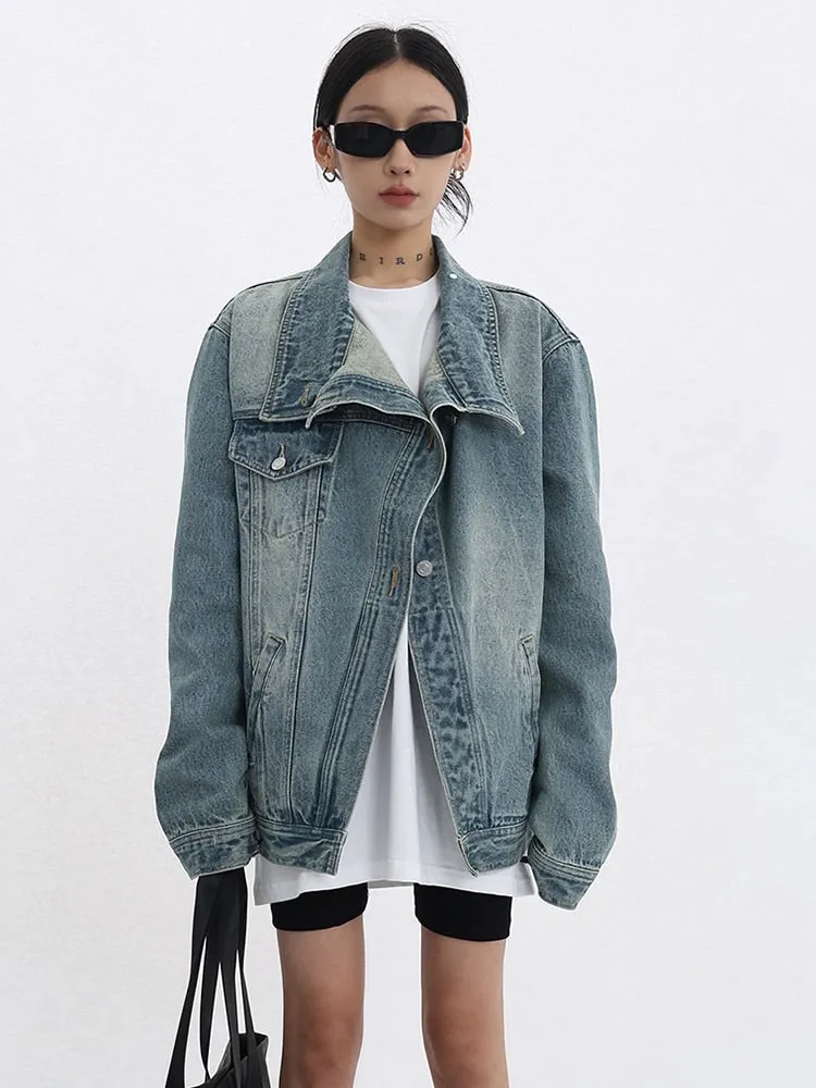 Irregular Denim Coats For Women Lapel Long Sleeve Patchwork Button Casual Loose Coat Female Fashion Clothing