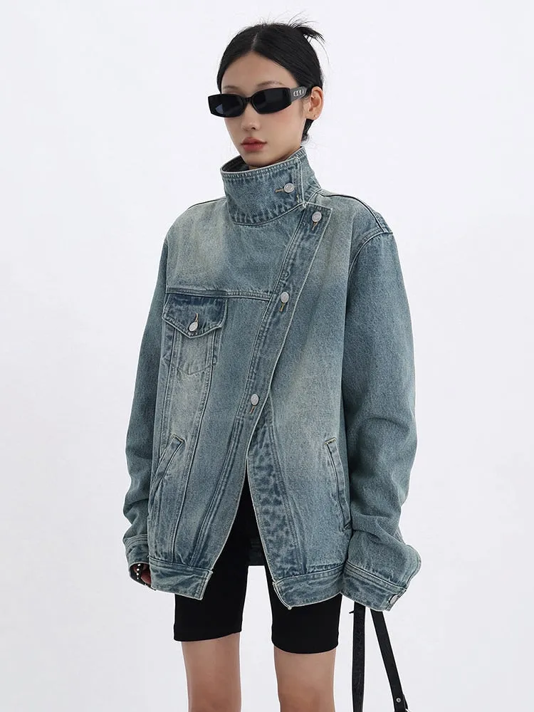 Irregular Denim Coats For Women Lapel Long Sleeve Patchwork Button Casual Loose Coat Female Fashion Clothing