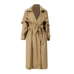 Khaki Ruffle Cloak Windbreaker For Women Notched High Waist Ruched Belt Bowknot Trench Coat Female Fashion