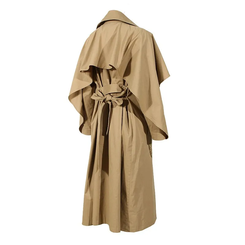 Khaki Ruffle Cloak Windbreaker For Women Notched High Waist Ruched Belt Bowknot Trench Coat Female Fashion