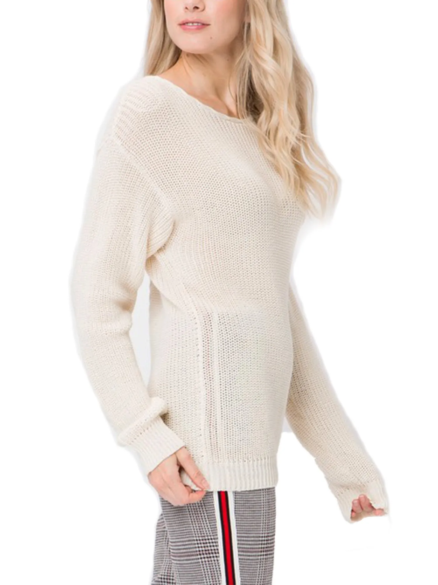 KOGMO Womens Casual Loose Fit Back Caged Sweater Knit