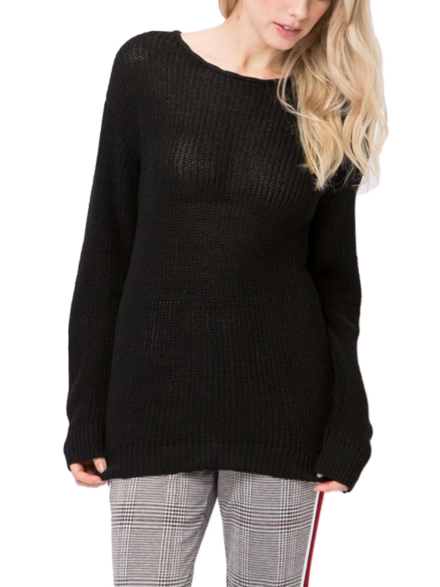 KOGMO Womens Casual Loose Fit Back Caged Sweater Knit