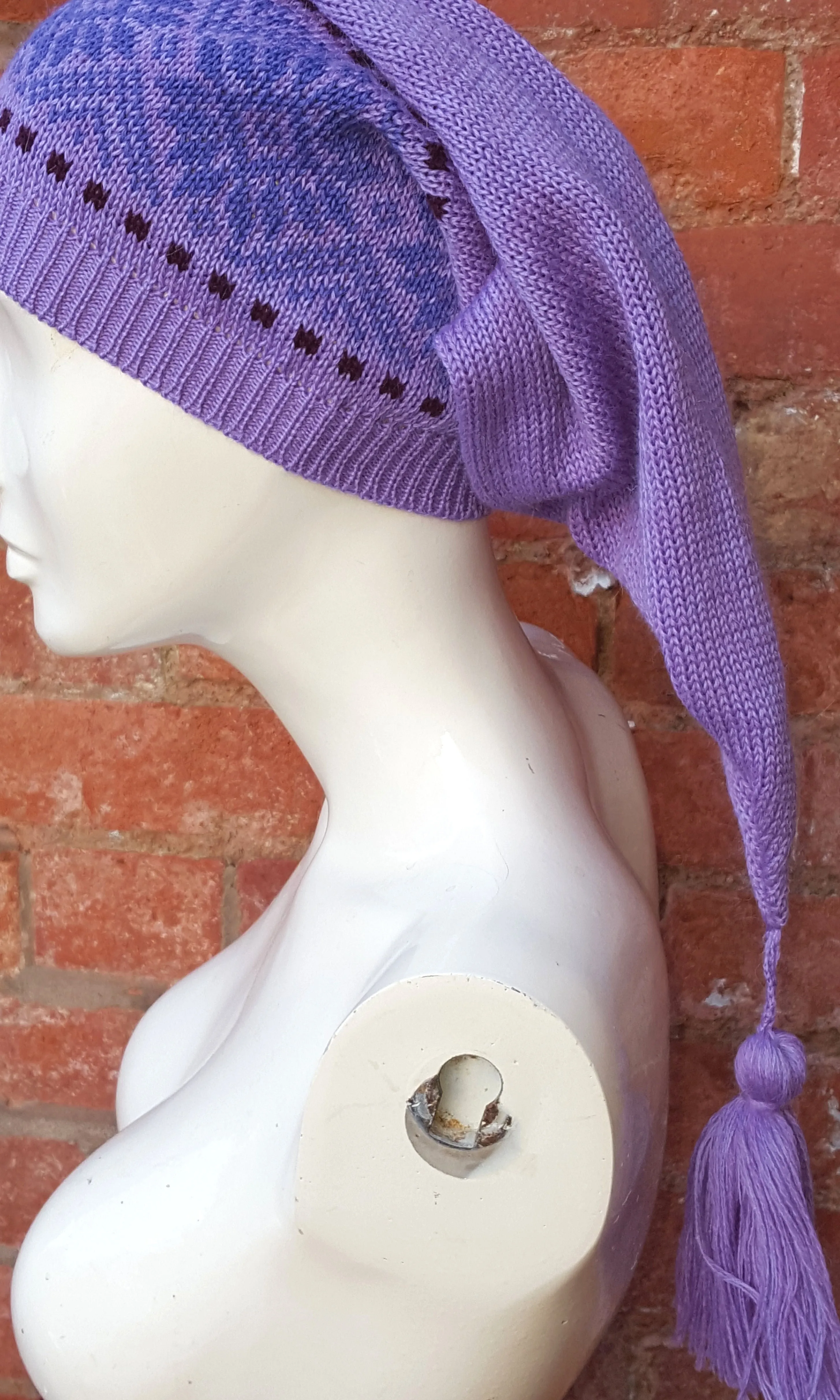 Lavender coloured Winter Pixie Hat, fair isle pattern, one size fits all, unisex ski hat