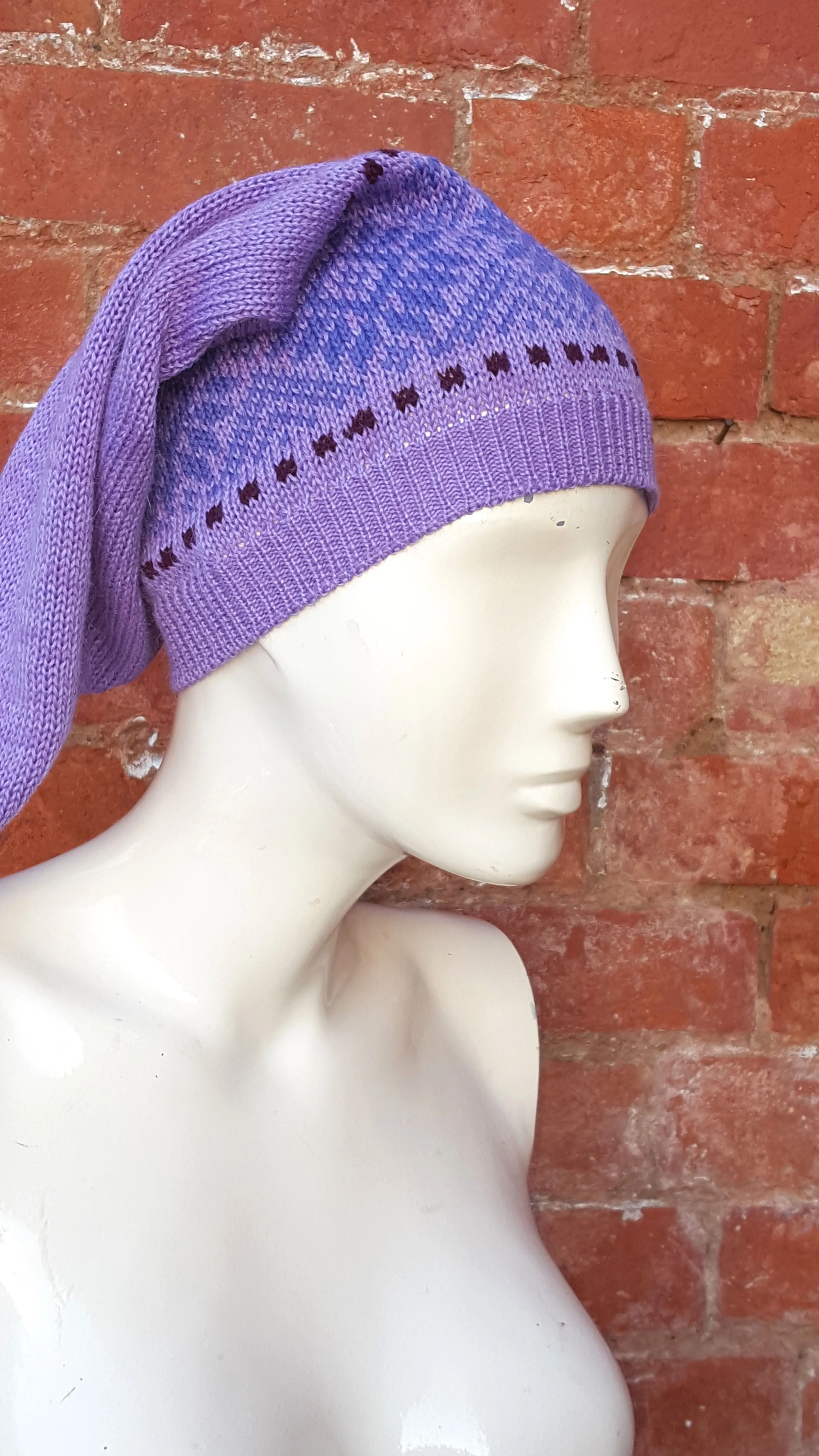 Lavender coloured Winter Pixie Hat, fair isle pattern, one size fits all, unisex ski hat