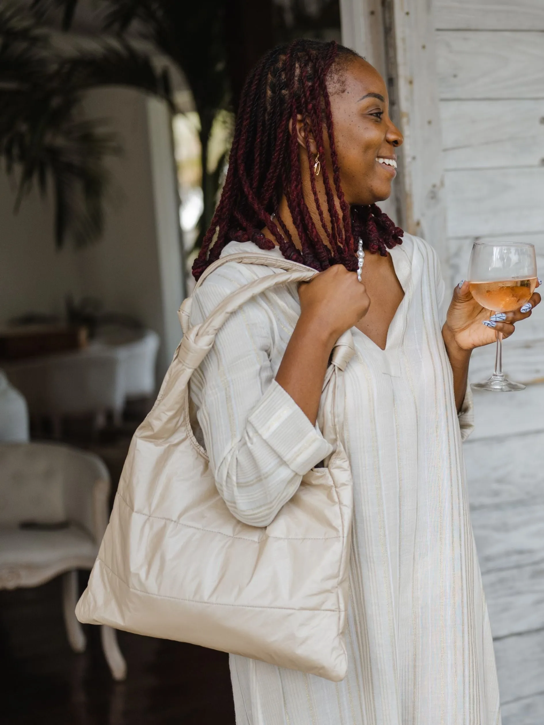 Love Me "Knot" Puffer Purse Tote in Shimmer Beige