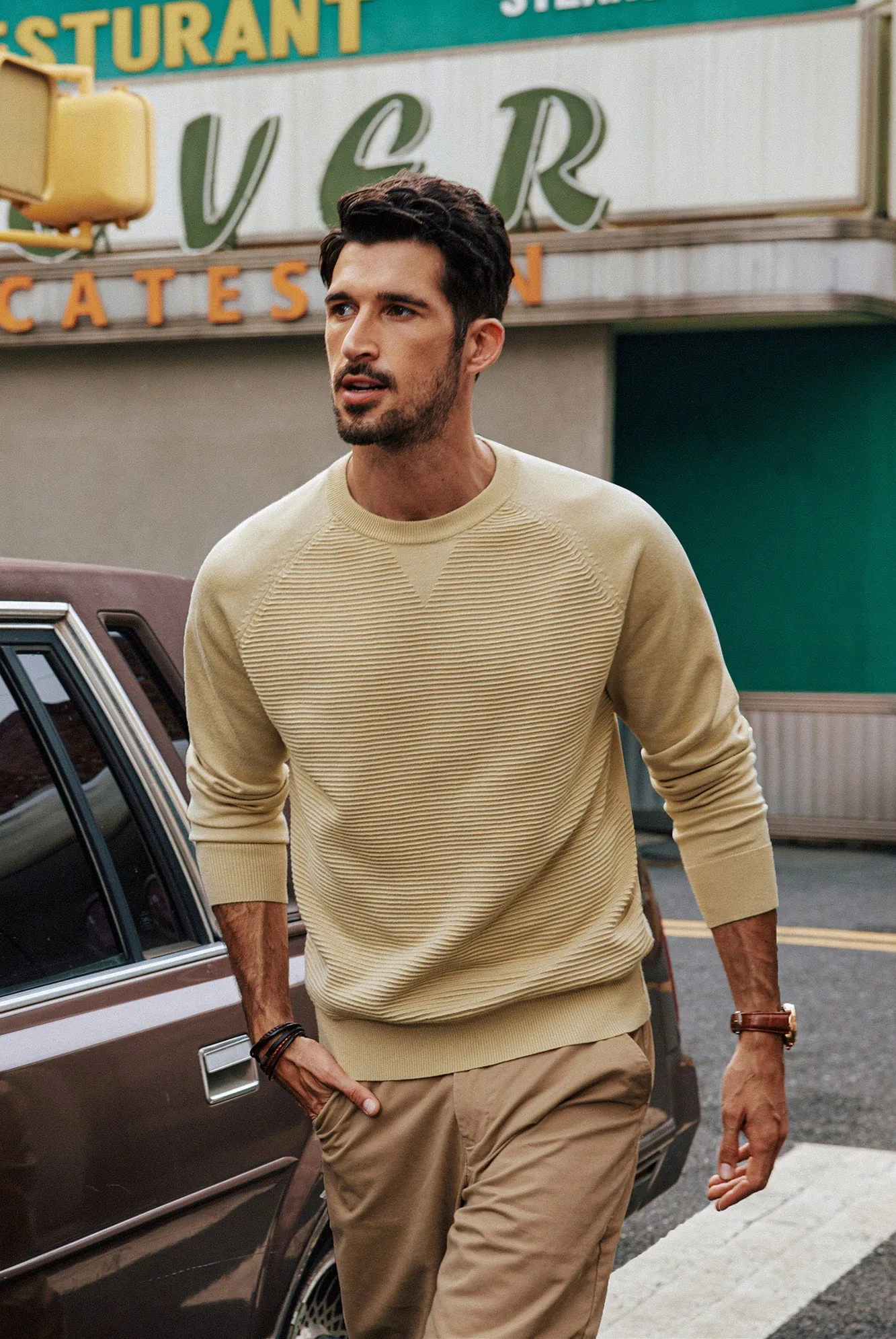 Men Textured Sweater Long Raglan Sleeve Crew Neck Ribbed Cuff Knitwear