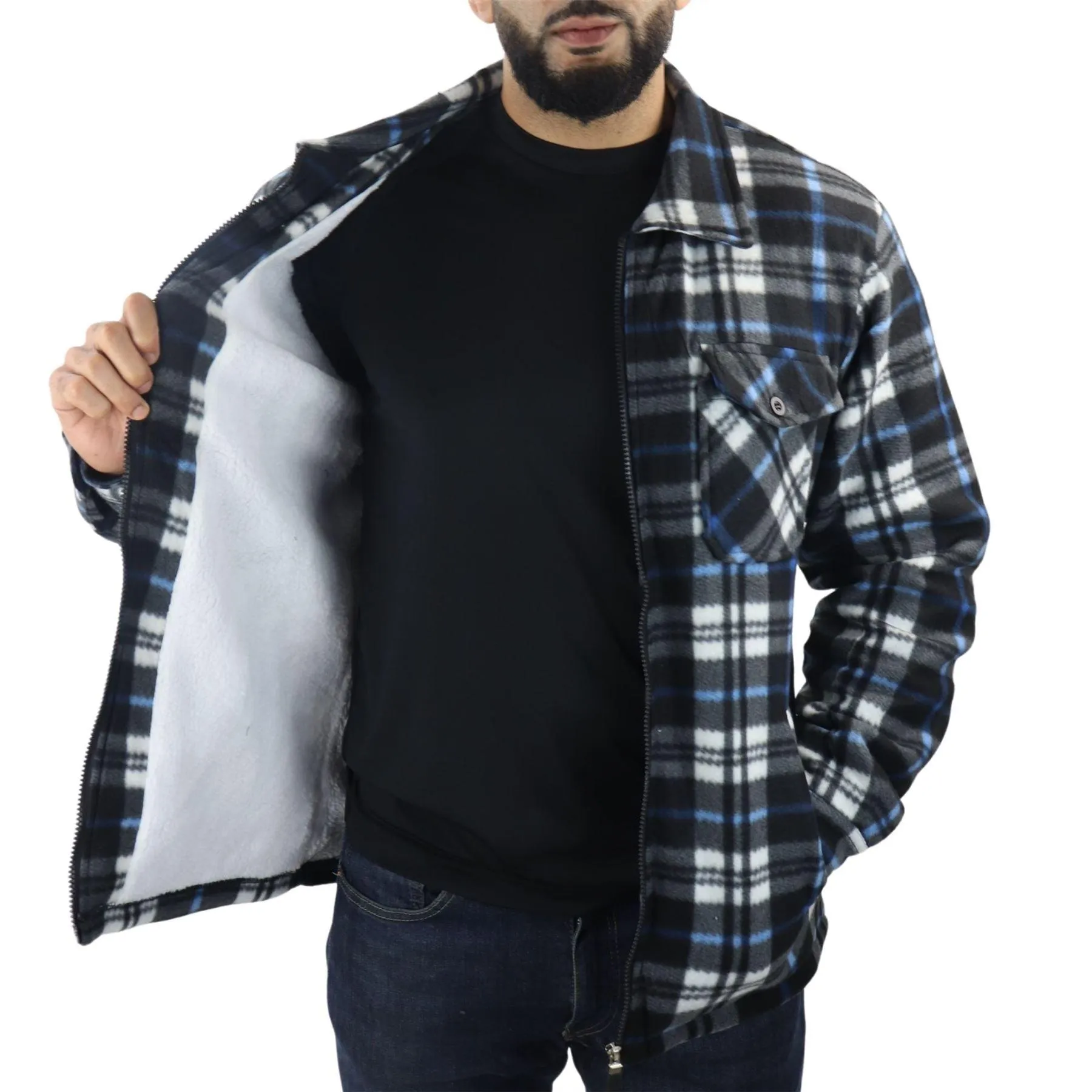 Men's Jumper Thermal Fleece Fur Lined Lumberjack Zipped Check Winter Shirt