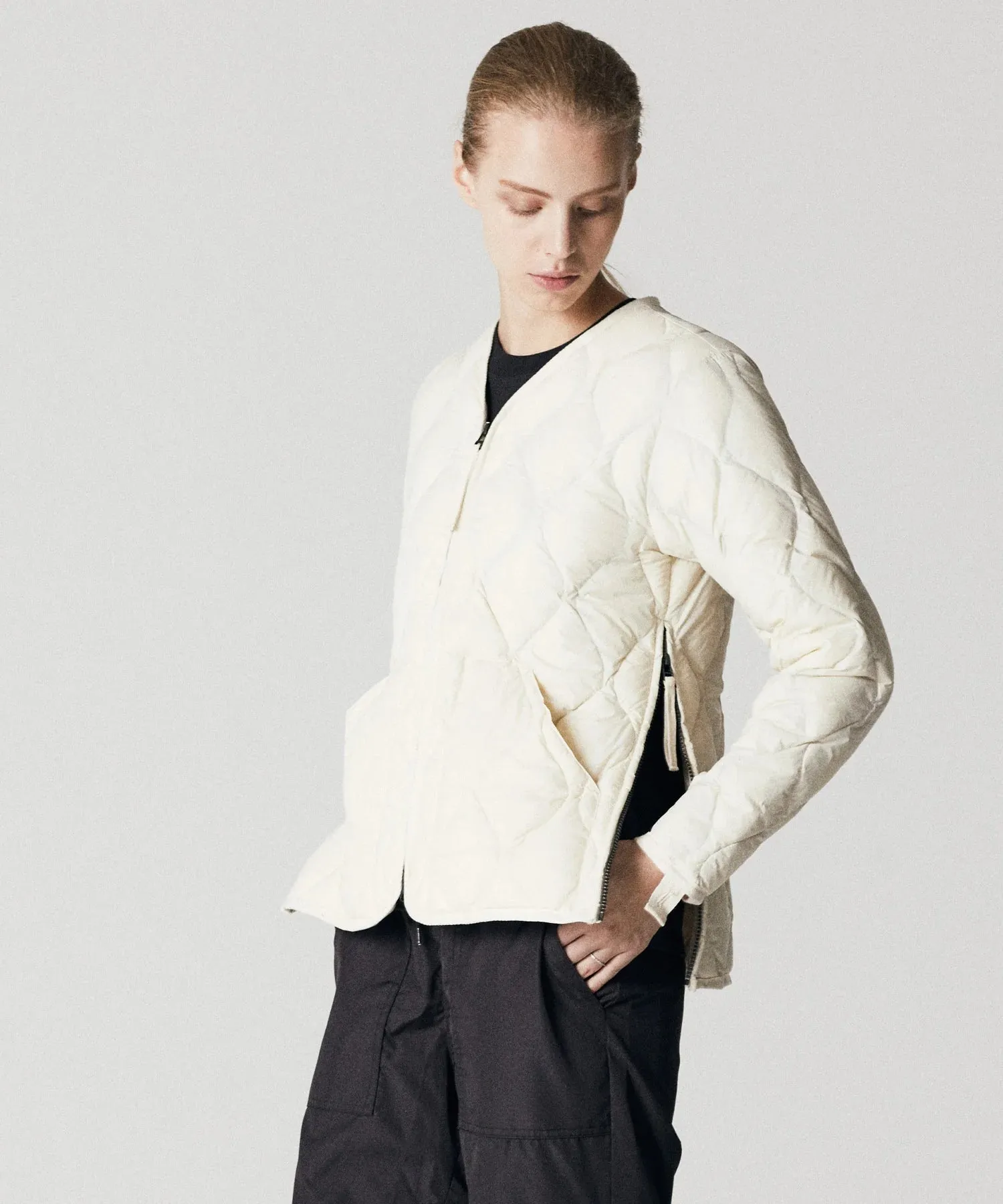 Military V-Neck W-Zip Down Jacket (Soft Shell) in Off White