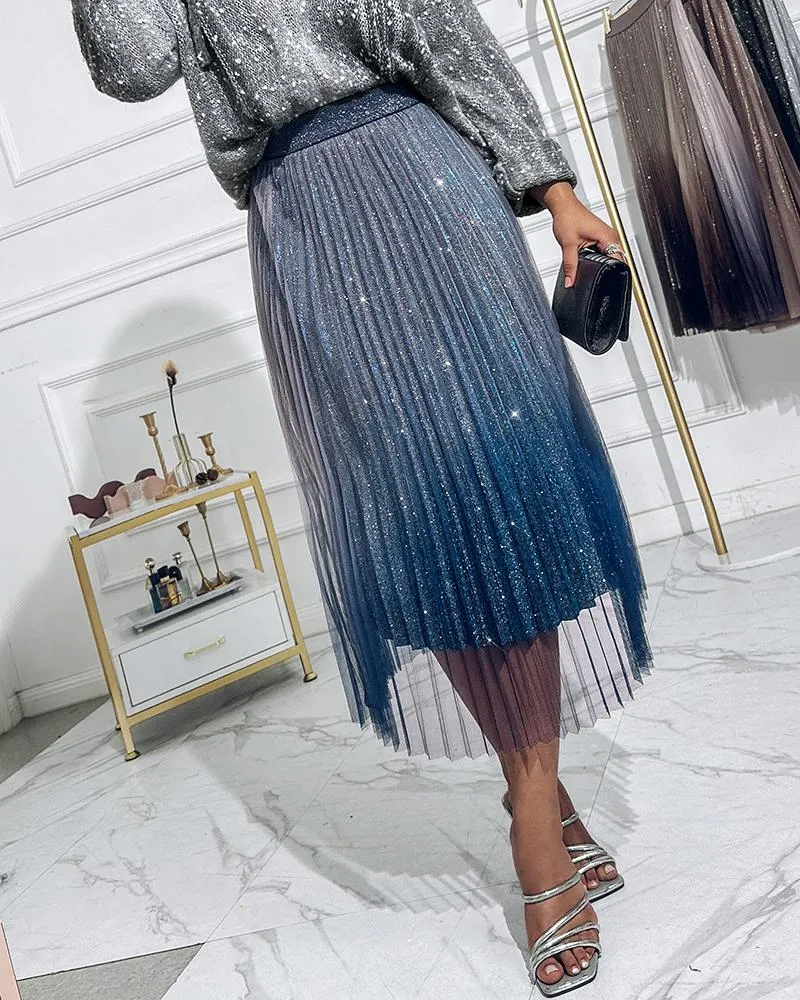 Ombre Sheer Mesh Patch A Line Pleated Glitter Skirt