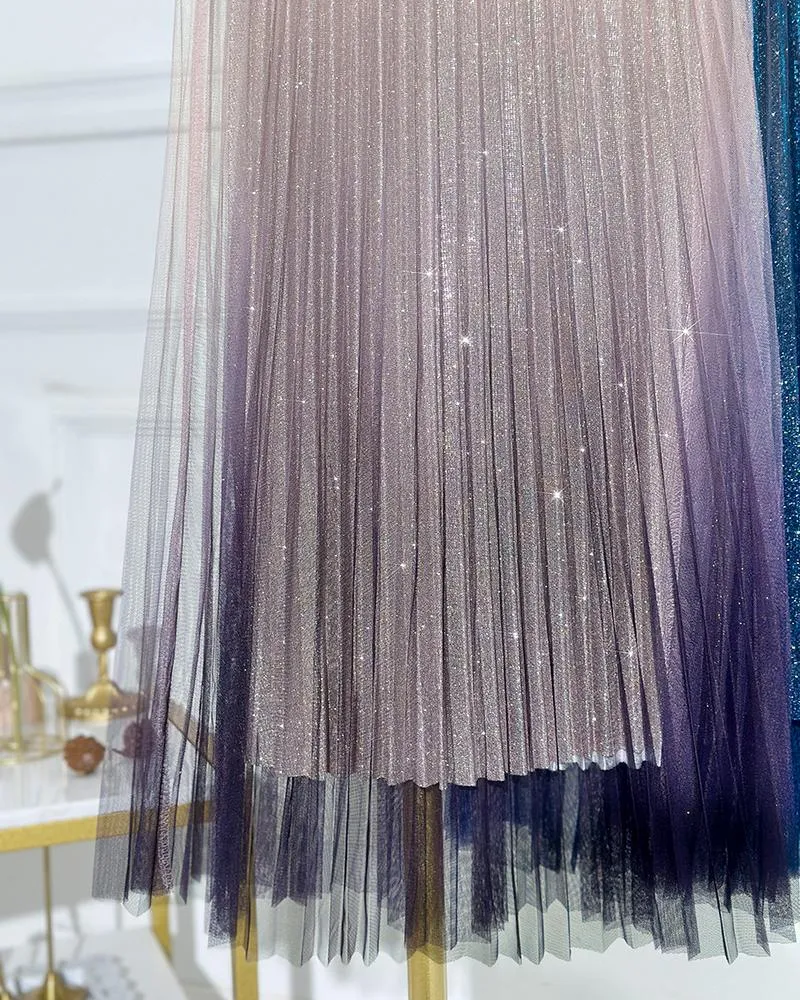 Ombre Sheer Mesh Patch A Line Pleated Glitter Skirt