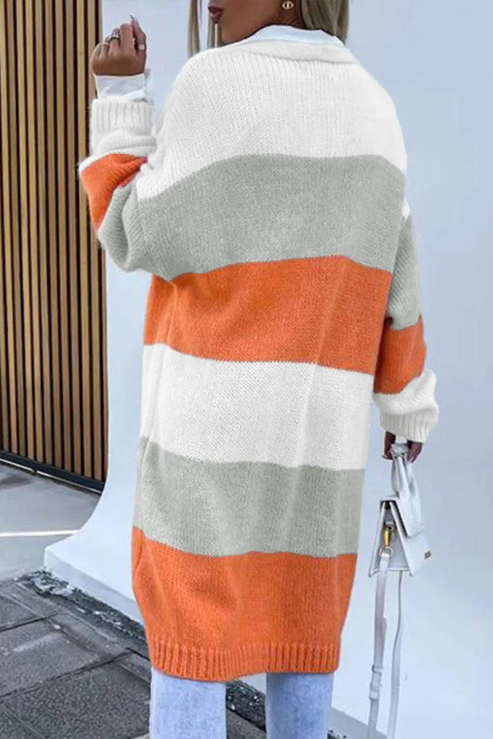 Orange and Gray Striped Midi Cardigan