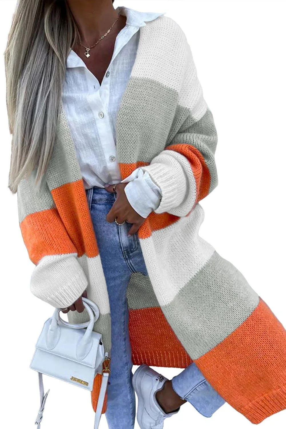 Orange and Gray Striped Midi Cardigan