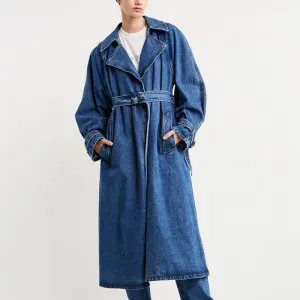 Patchwork Belt Casual Loose Trenches For Women Lapel Long Sleeve High Waist Streetwear Long Denim Trench Female