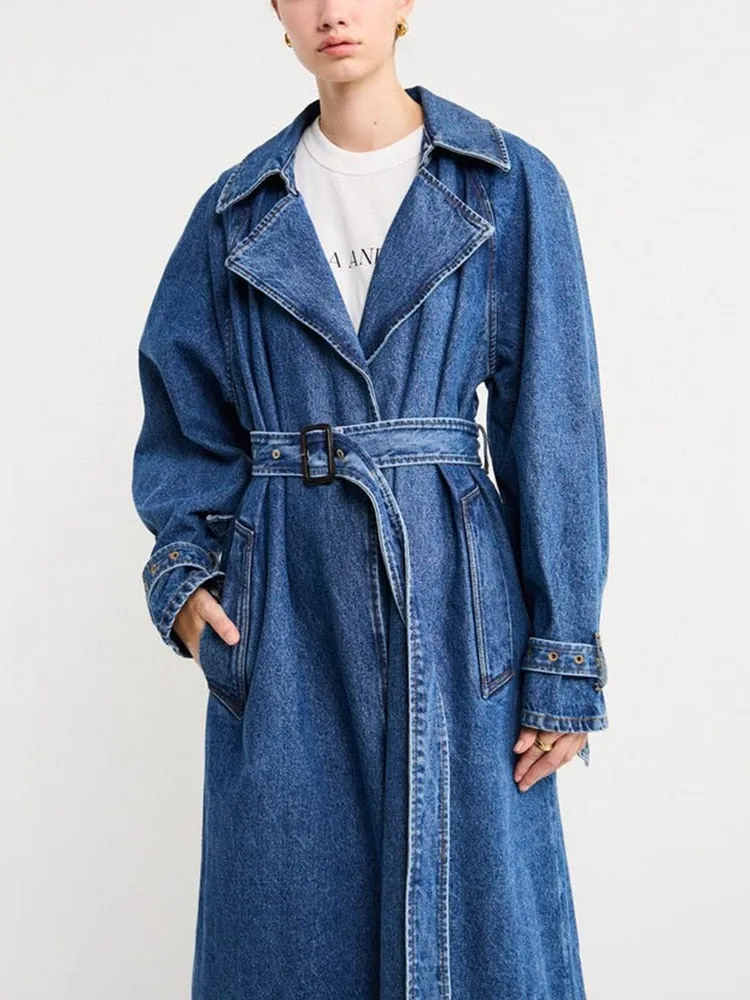 Patchwork Belt Casual Loose Trenches For Women Lapel Long Sleeve High Waist Streetwear Long Denim Trench Female