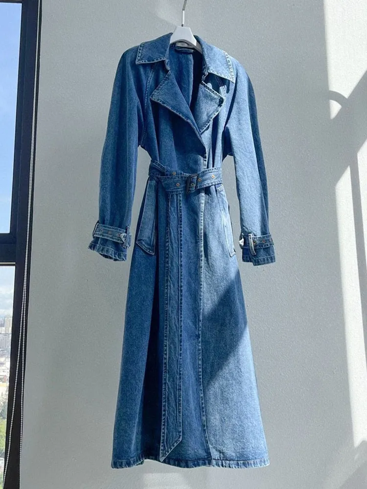 Patchwork Belt Casual Loose Trenches For Women Lapel Long Sleeve High Waist Streetwear Long Denim Trench Female