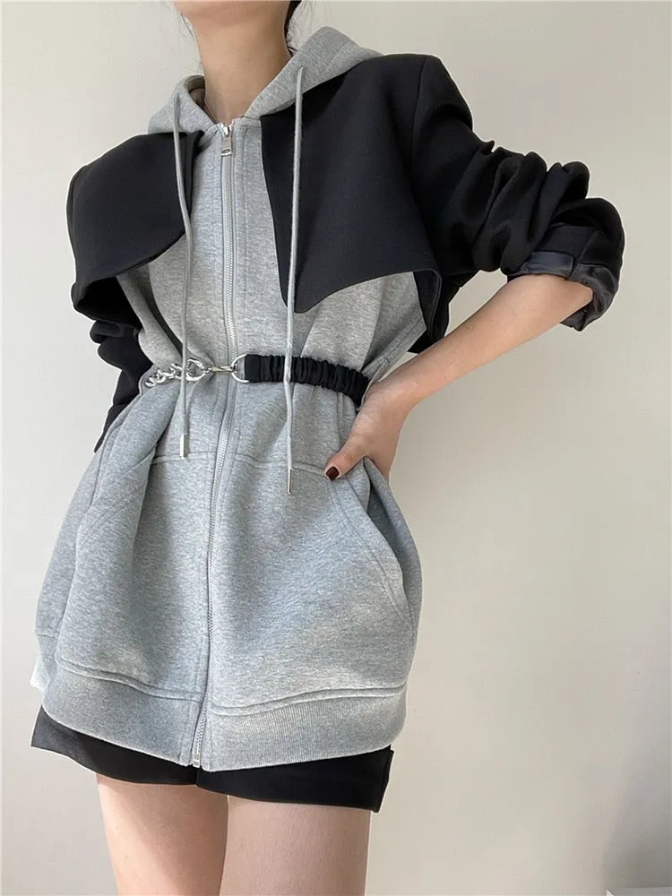 Patchwork Drawstring Coats Hooded Long Sleeve Tunic Spliced Belt Solid Casual Coat Autumn Female Fashion Clothing