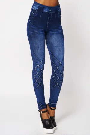 Patterned Jean Detail Fleece Lined Leggings