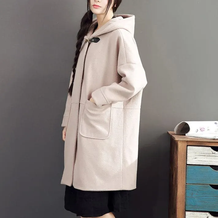 pink casual long sleeve long outwear baggy loose hooded solid trench coats