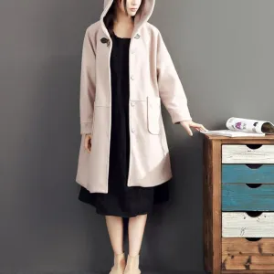 pink casual long sleeve long outwear baggy loose hooded solid trench coats