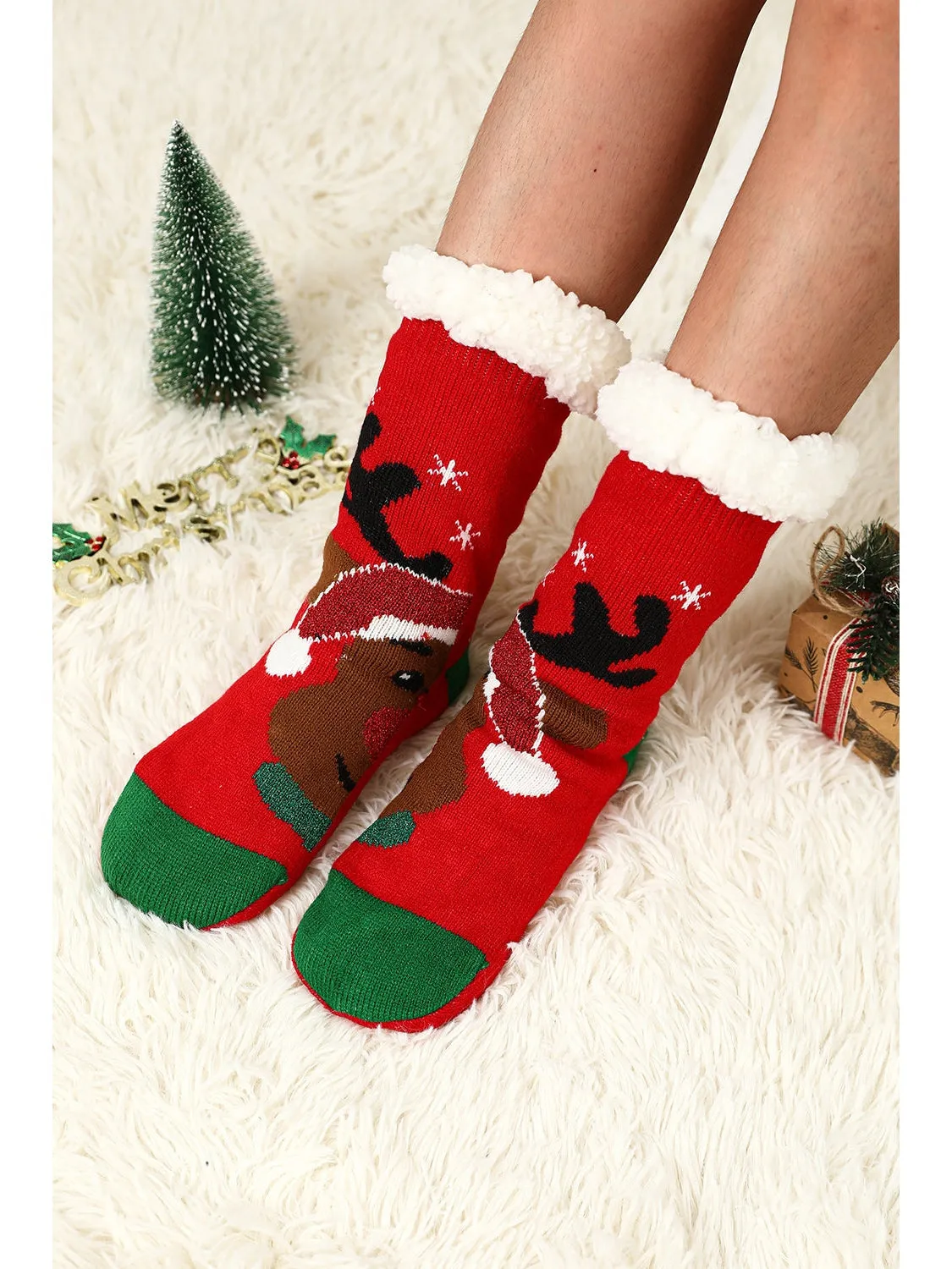 Red Christmas Reindeer Pattern Thermal Socks