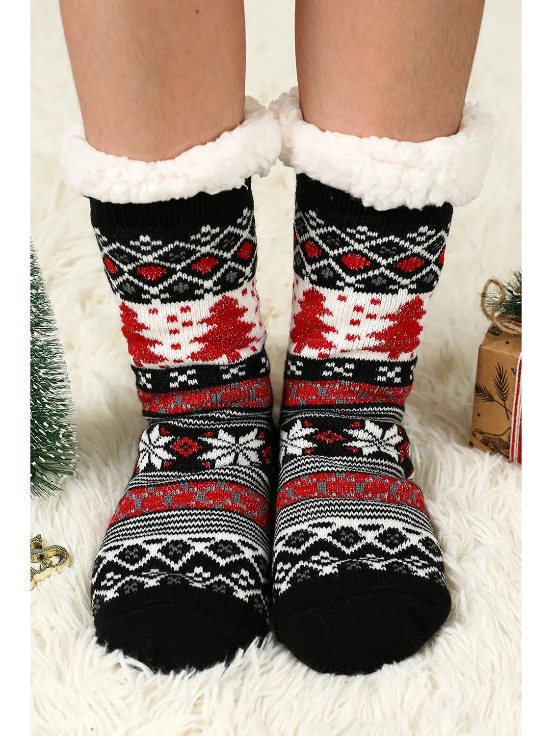 Red Christmas Reindeer Pattern Thermal Socks