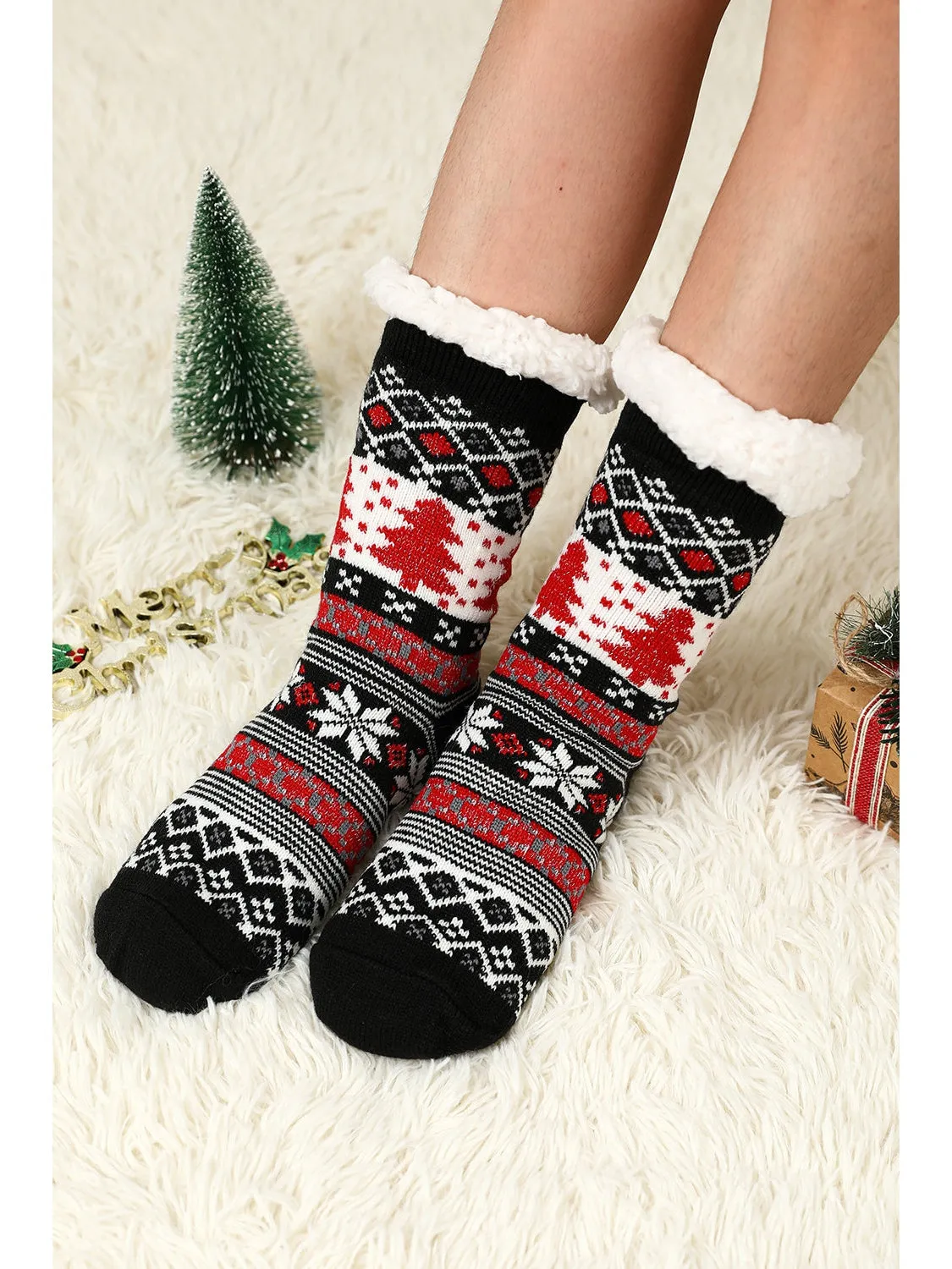 Red Christmas Reindeer Pattern Thermal Socks