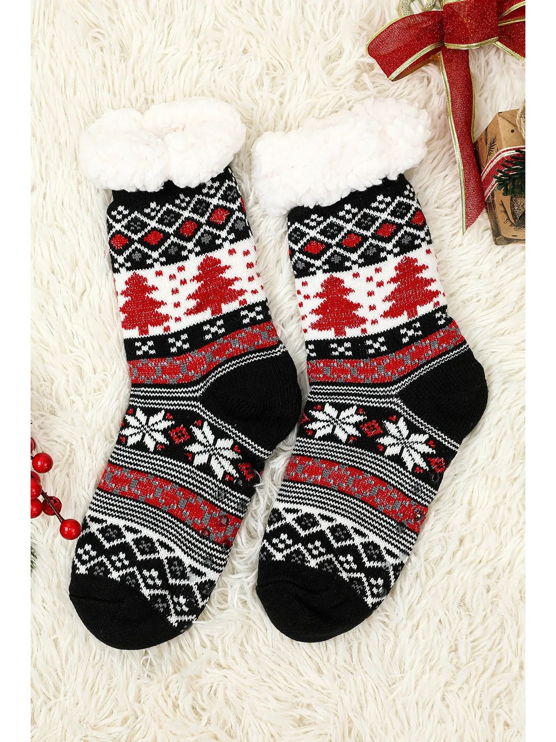 Red Christmas Reindeer Pattern Thermal Socks