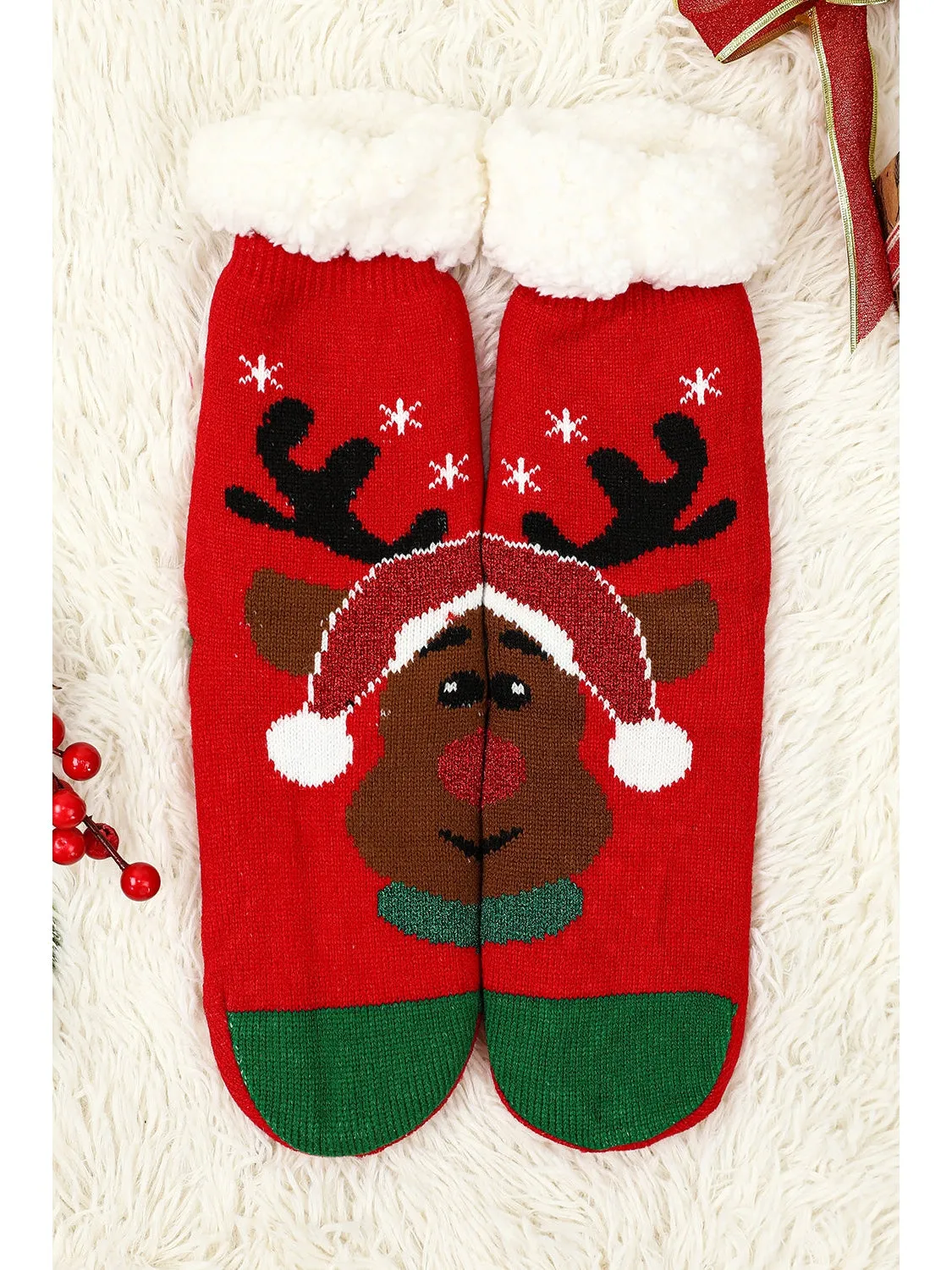 Red Christmas Reindeer Pattern Thermal Socks