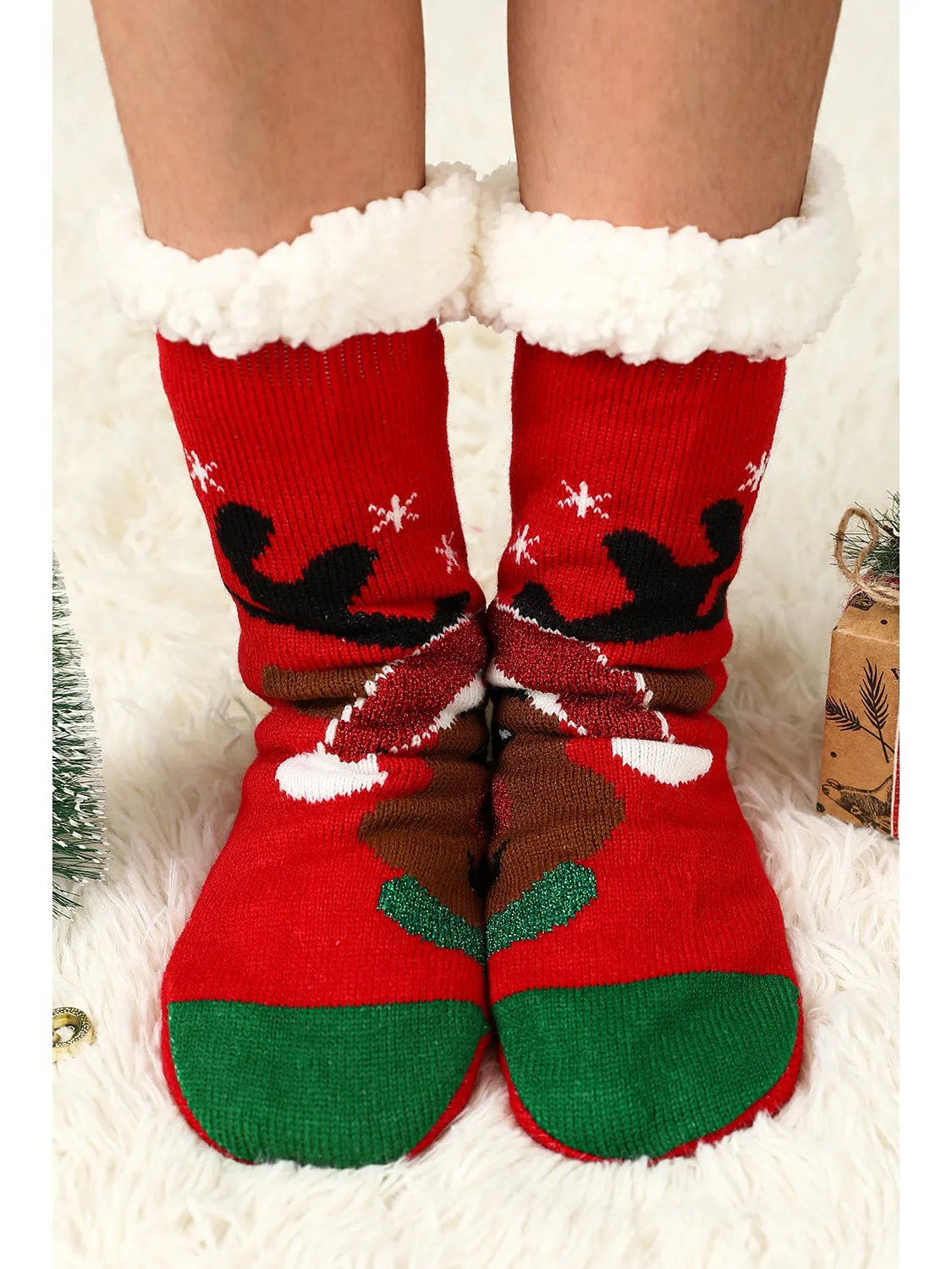 Red Christmas Reindeer Pattern Thermal Socks