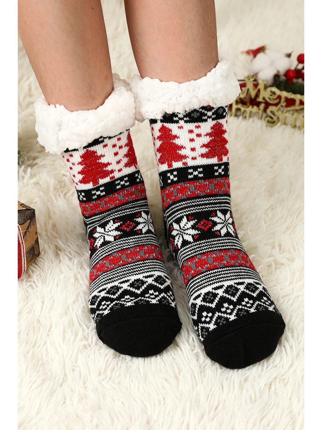 Red Christmas Reindeer Pattern Thermal Socks