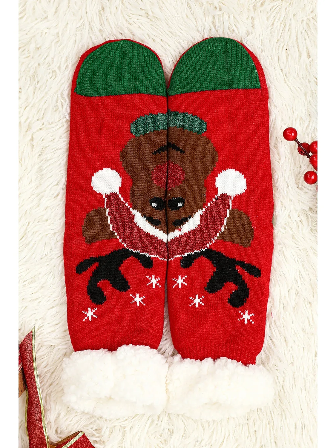 Red Christmas Reindeer Pattern Thermal Socks