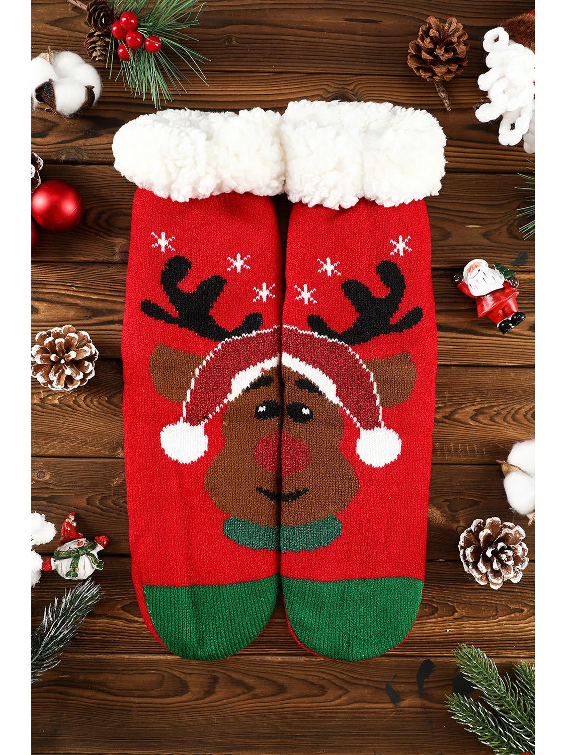 Red Christmas Reindeer Pattern Thermal Socks