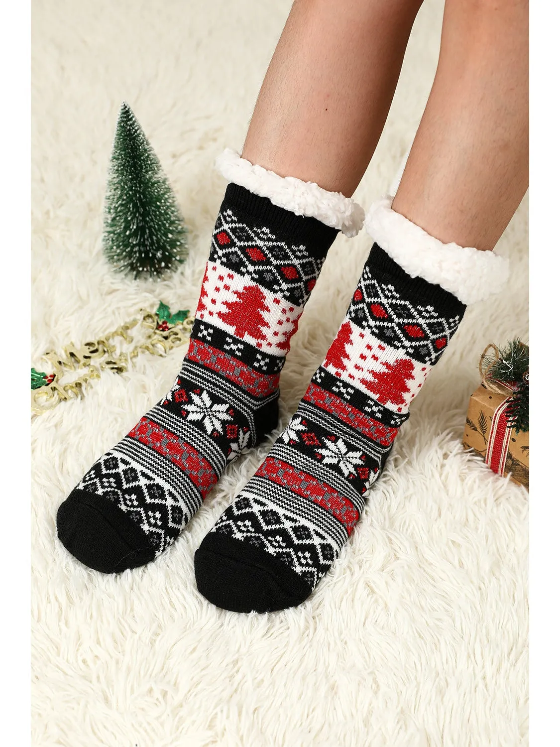 Red Christmas Reindeer Pattern Thermal Socks