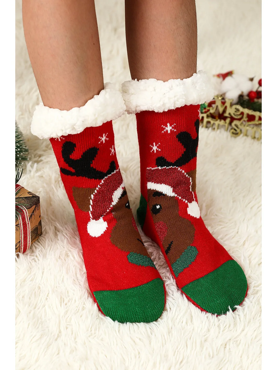 Red Christmas Reindeer Pattern Thermal Socks