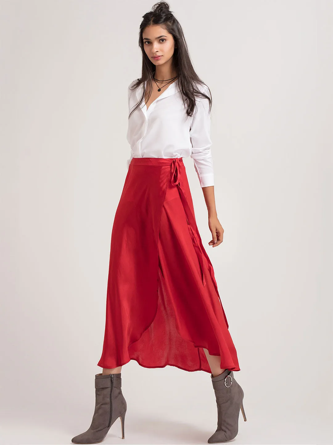 Red Long Wrap Skirt