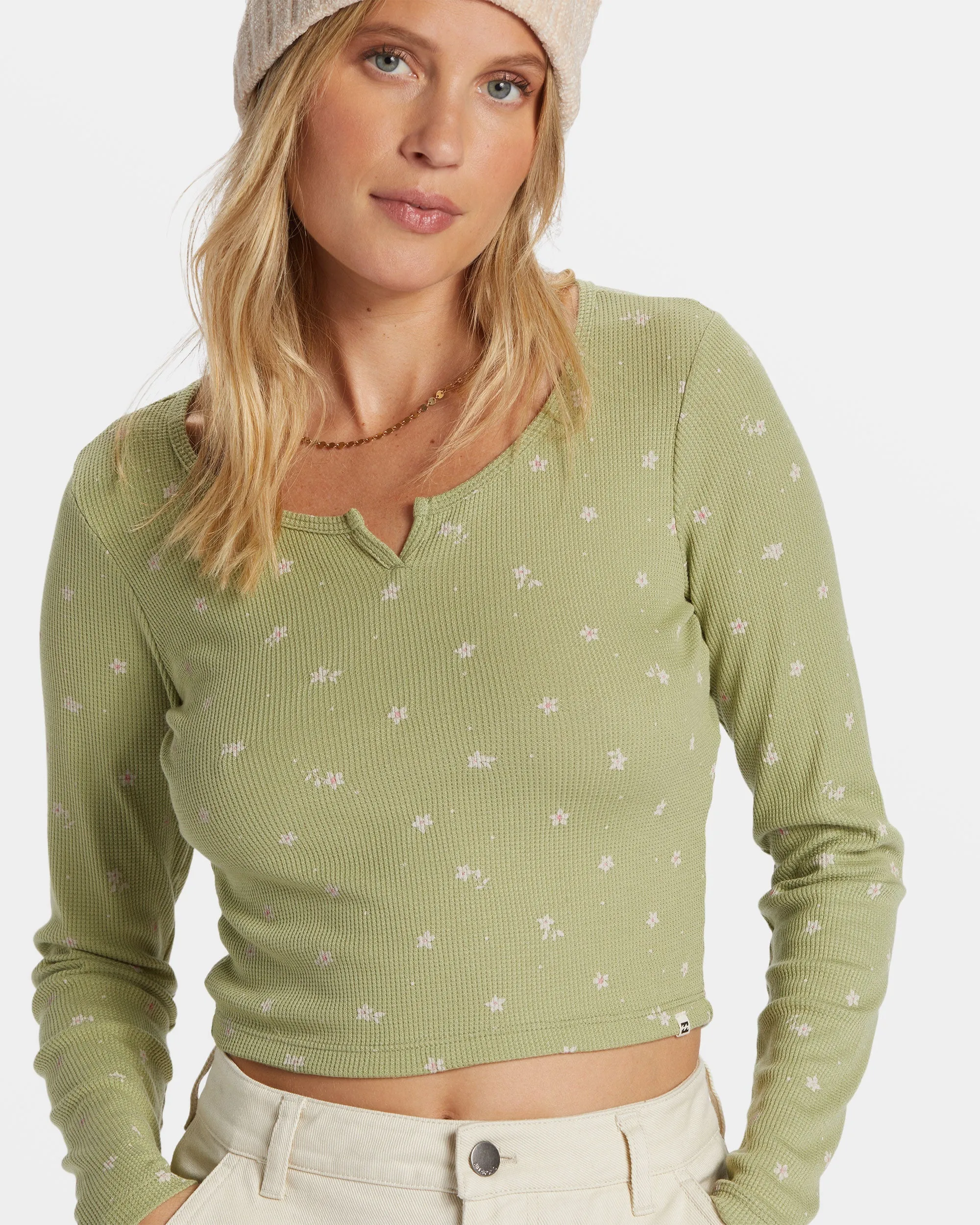 Reese Thermal Long-Sleeve Cropped Top - Avocado