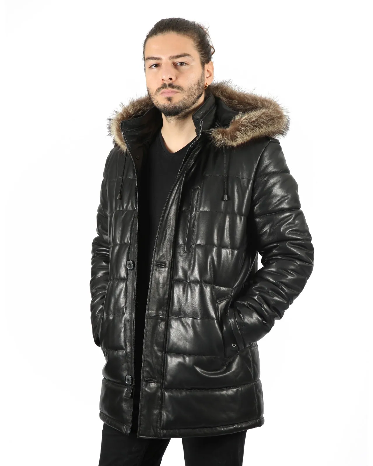 Regal Lambskin Leather Coat with Fox Fur Collar and Sheep Fur Lining