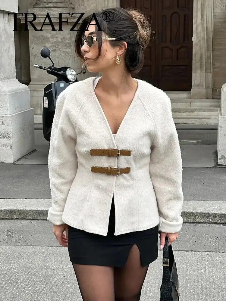 Retro Vintage Leather Woolen Coat Women Streetwear