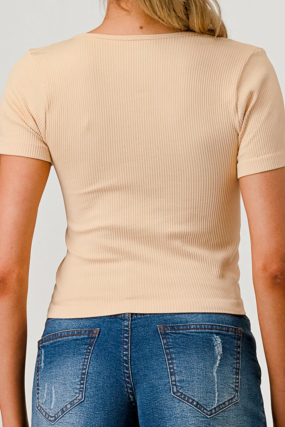 Rib Knit Square Neckline Short Sleeve Tops - Taupe