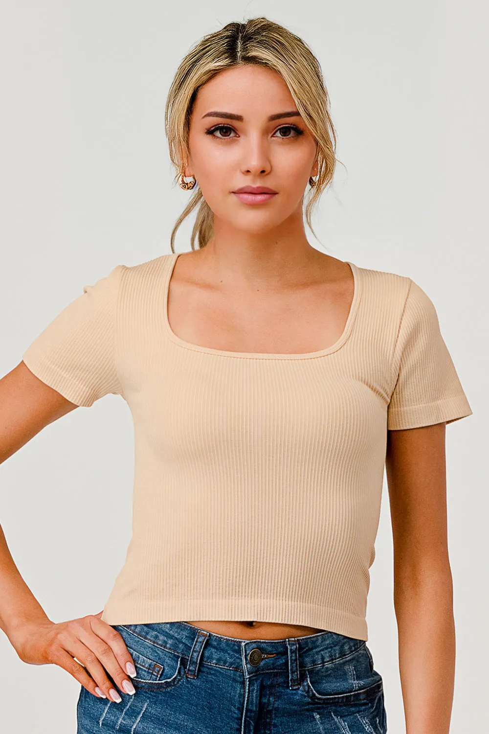 Rib Knit Square Neckline Short Sleeve Tops - Taupe