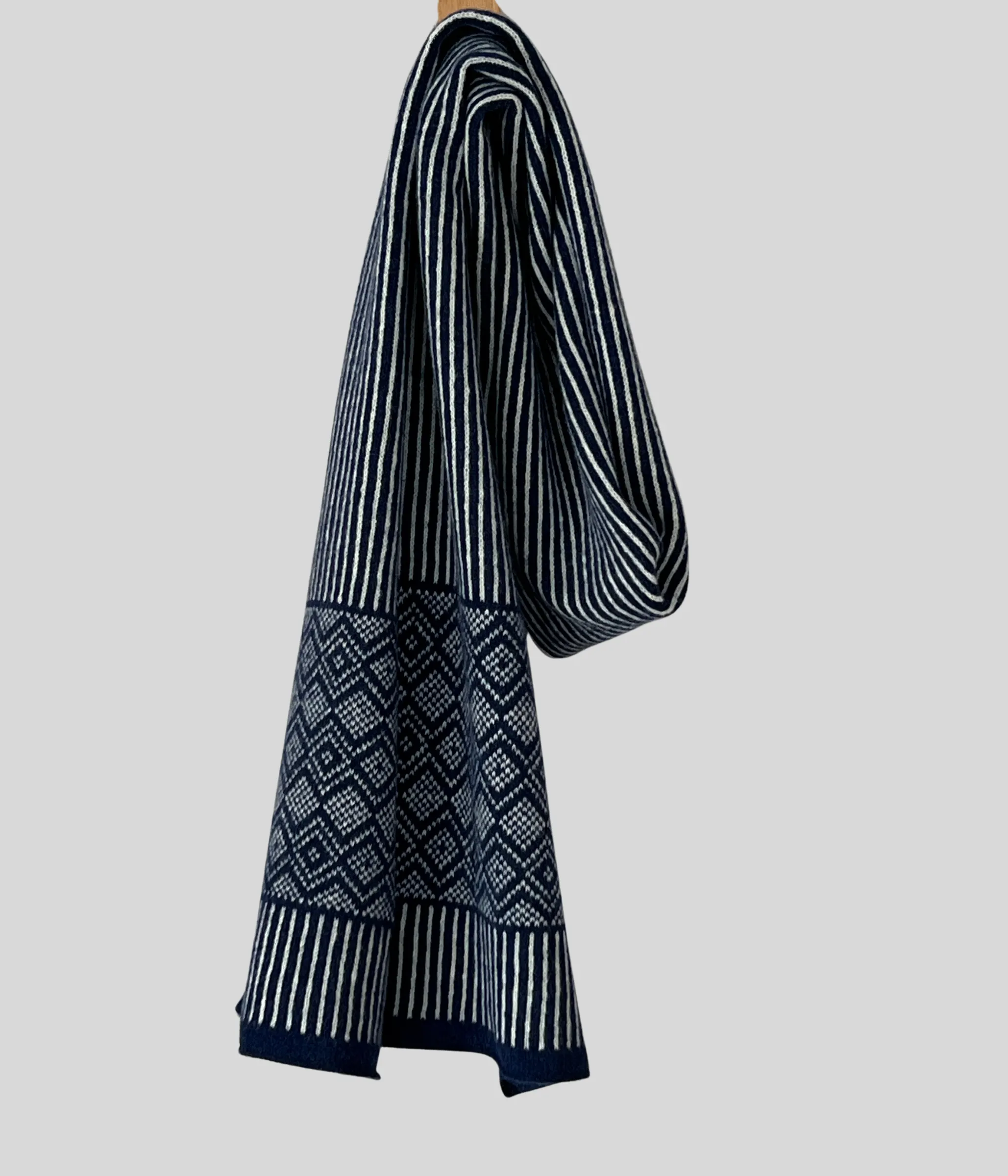 Scarf -soft merino lambswool Scandi pattern with stripes in navy blue and natural white