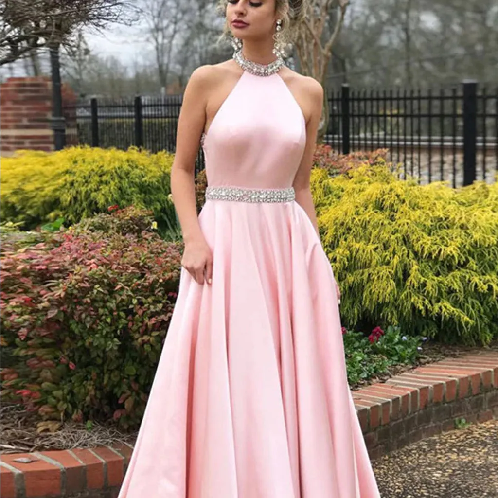 Sexy Backless Pink Halter A-line Long Prom Dresses,Evening Party Dresses ,PDY0310