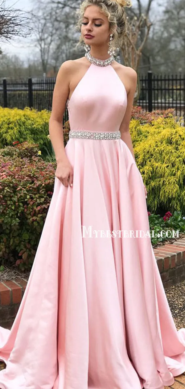 Sexy Backless Pink Halter A-line Long Prom Dresses,Evening Party Dresses ,PDY0310