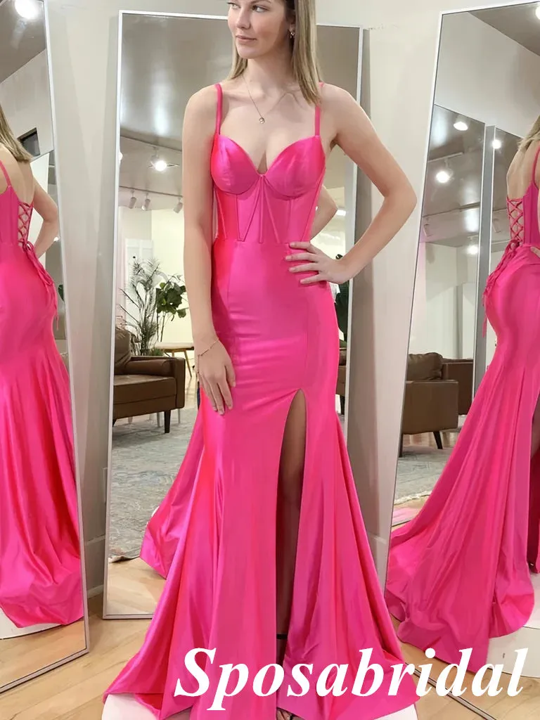 Sexy Hot Pink Soft Satin Spaghetti Straps V-Neck Long Prom Dresses With Split, PD3819