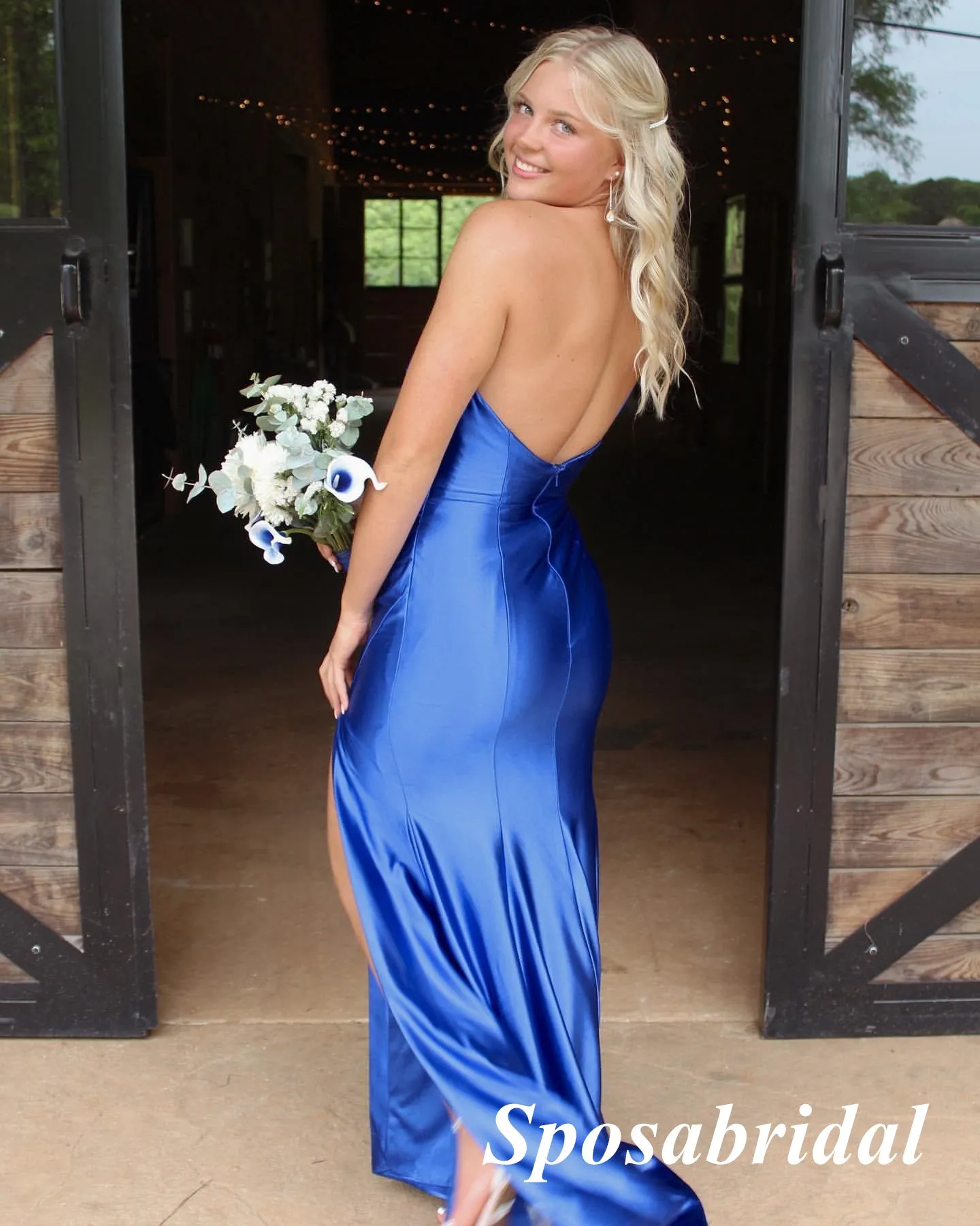 Sexy Soft Satin Royal-Blue One Shoulder Sleeveless Side Slit Mermaid Long Prom Dresses, PD3933