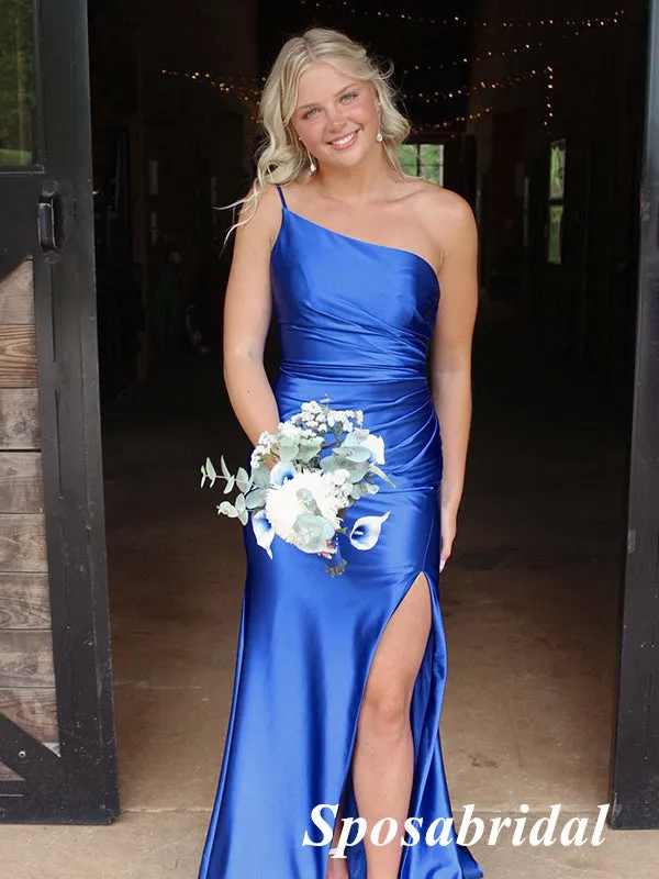 Sexy Soft Satin Royal-Blue One Shoulder Sleeveless Side Slit Mermaid Long Prom Dresses, PD3933