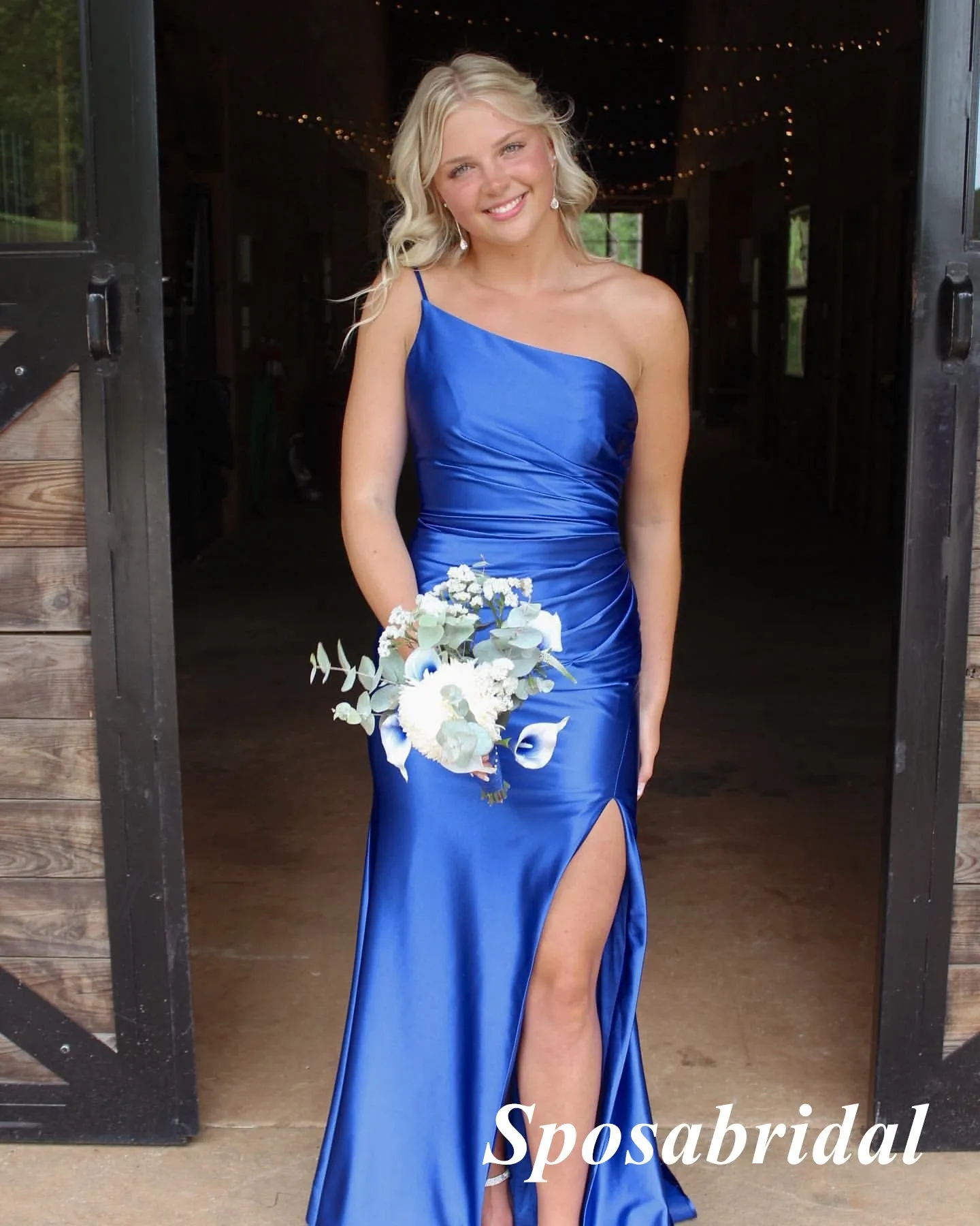 Sexy Soft Satin Royal-Blue One Shoulder Sleeveless Side Slit Mermaid Long Prom Dresses, PD3933