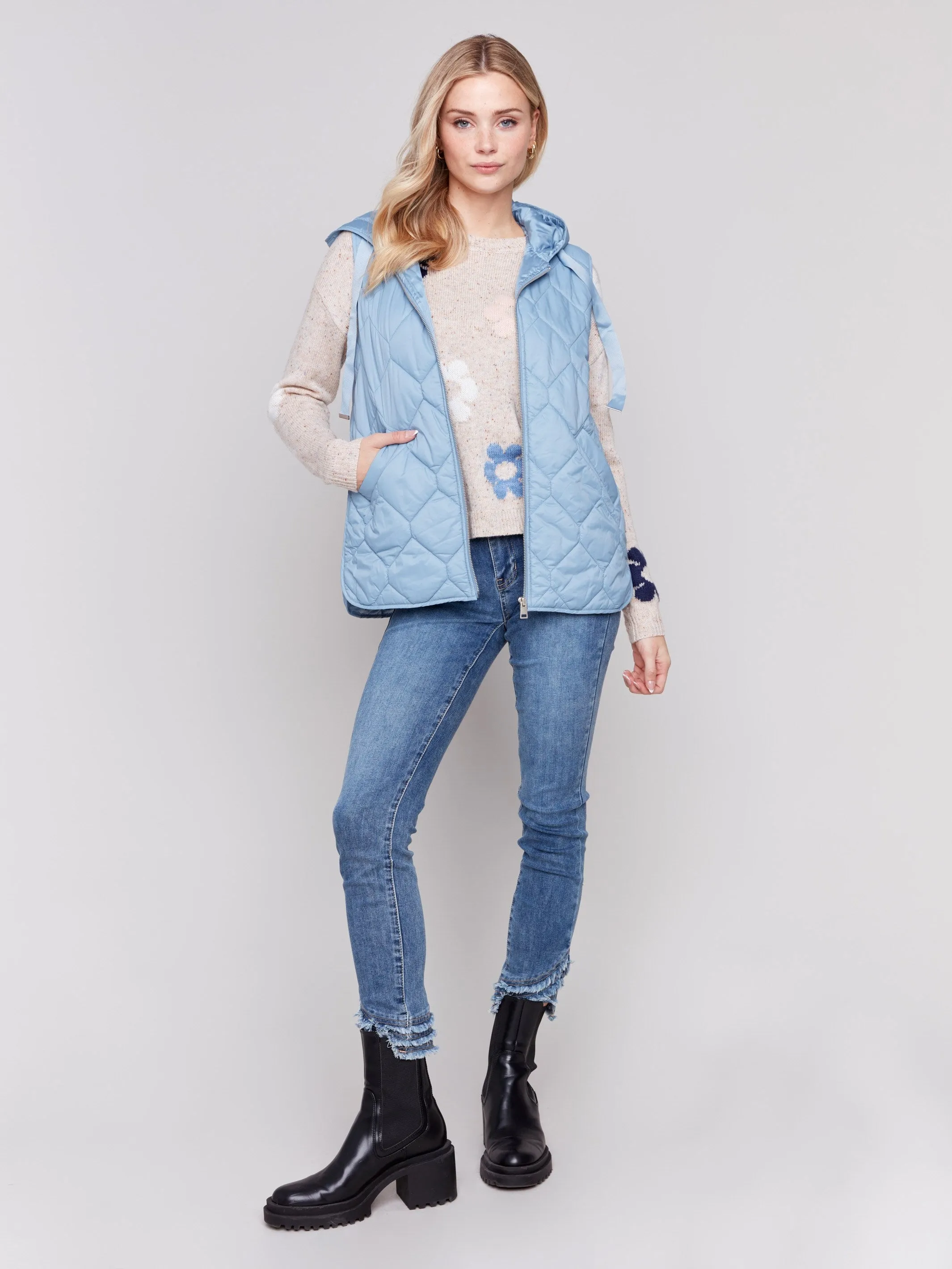 Short Quilted Puffer Vest with Hood - Frost